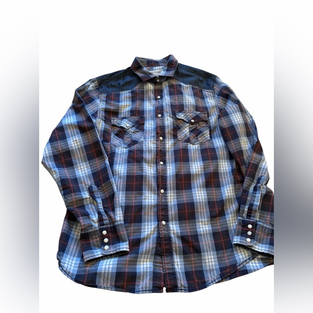 Wind River Plaid Western Style Denim Yokes-Modern Fit-Pearl Snaps-Size Large